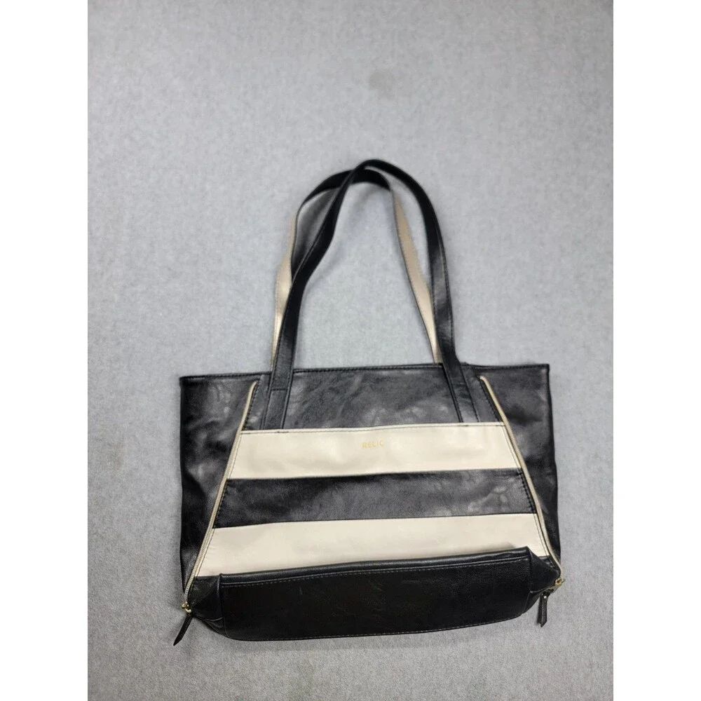 Relic Alexa Leather Black White Stripe Magnetic Double Handles Zip Inner Pockets